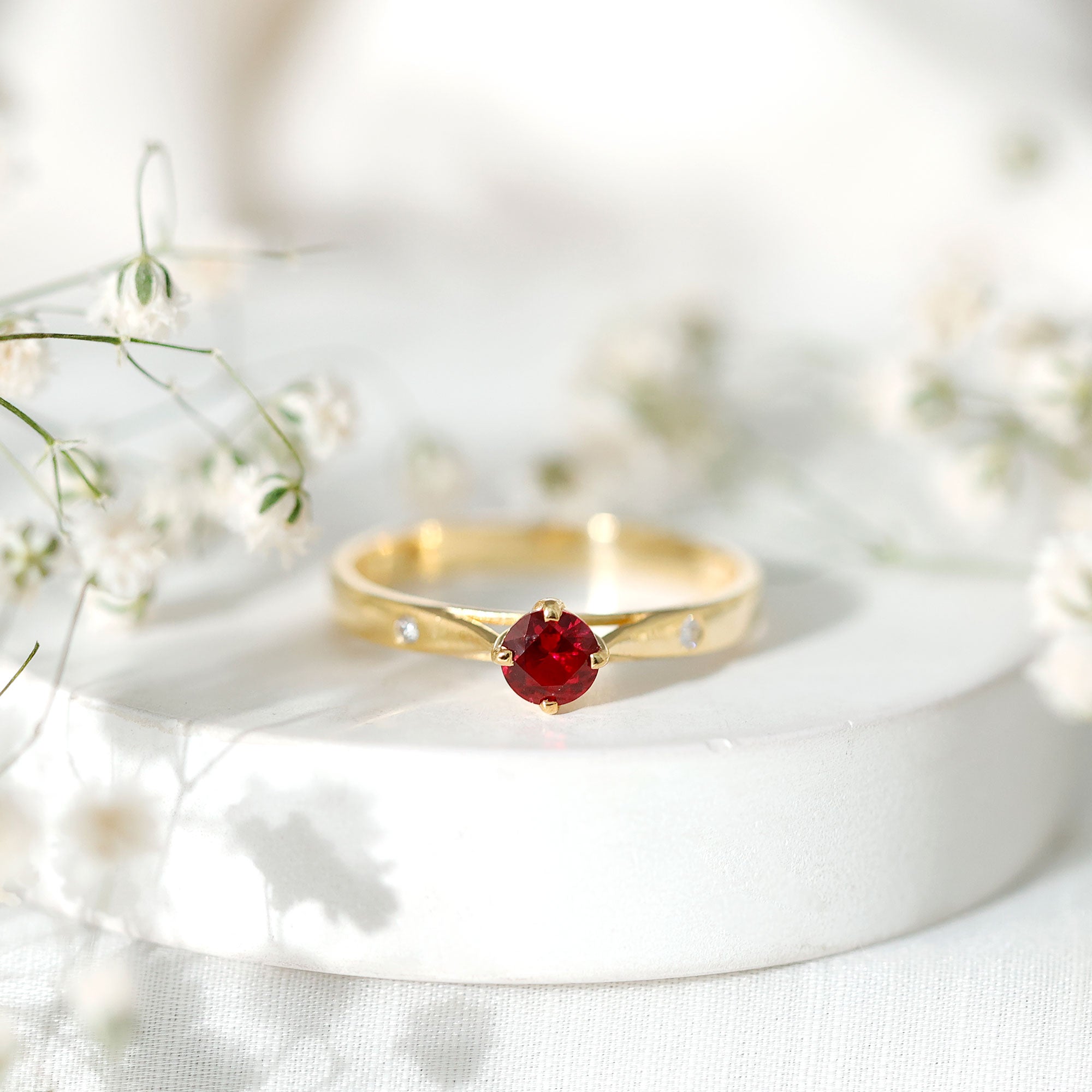 Round Lab Grown Ruby Solitaire Ring with Diamond