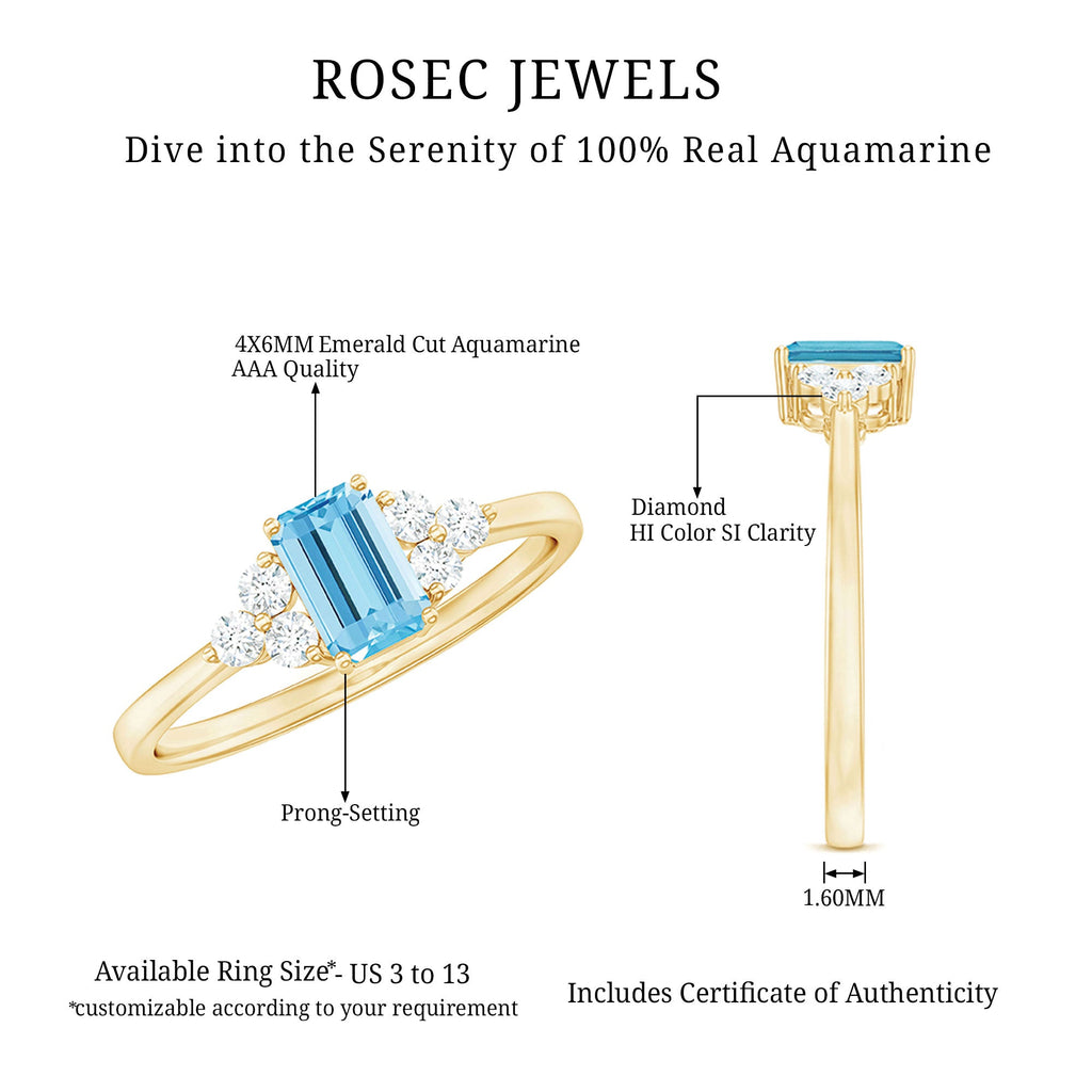 Aquamarine Emerald Cut Engagement Ring with Diamond Trio