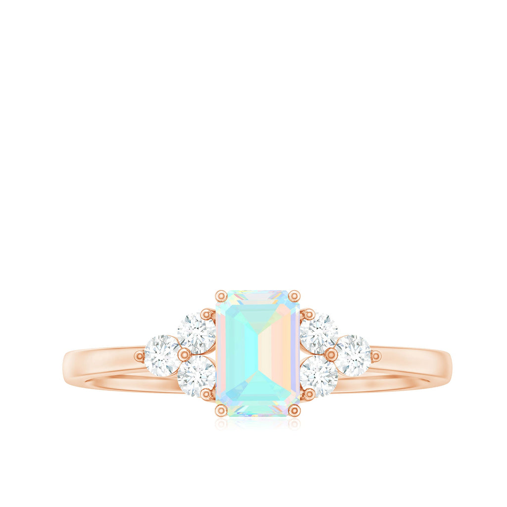 Certified Real Ethiopian Rainbow Opal Emerald Cut Engagement Ring with Diamond Trio