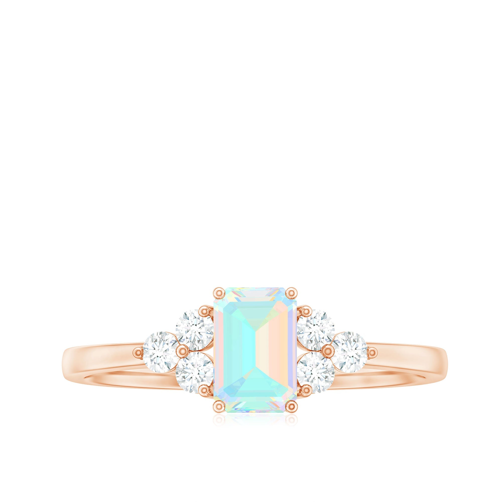 Certified Real Ethiopian Rainbow Opal Emerald Cut Engagement Ring with Diamond Trio