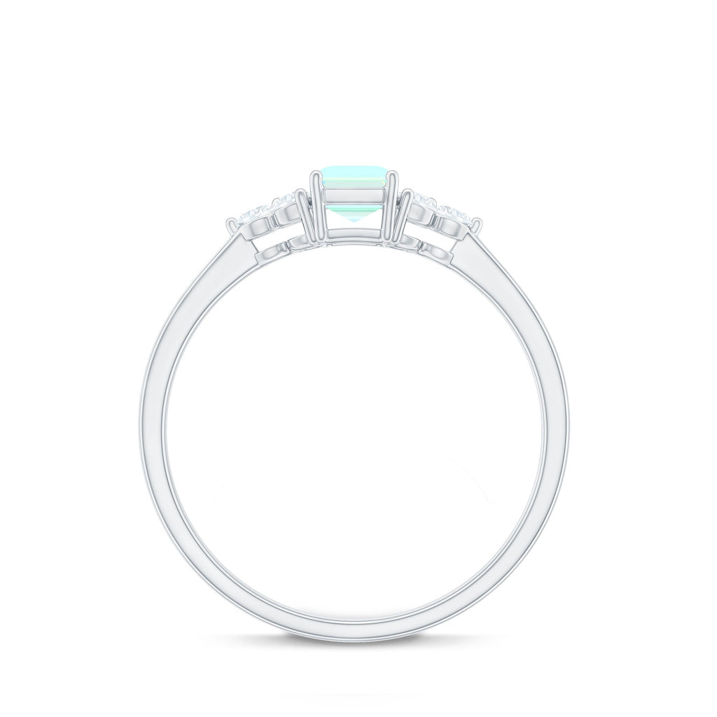 Certified Real Ethiopian Rainbow Opal Emerald Cut Engagement Ring with Diamond Trio