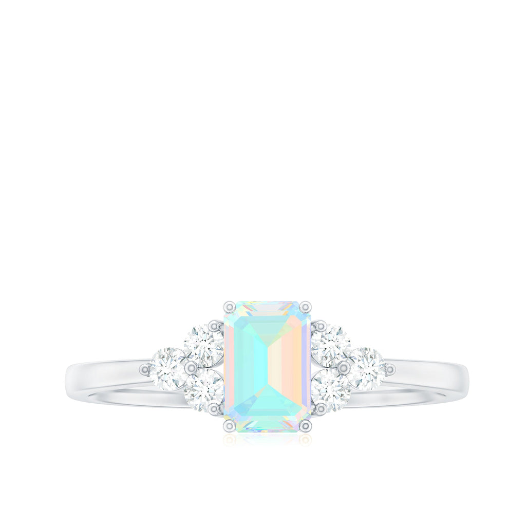 Certified Real Ethiopian Rainbow Opal Emerald Cut Engagement Ring with Diamond Trio