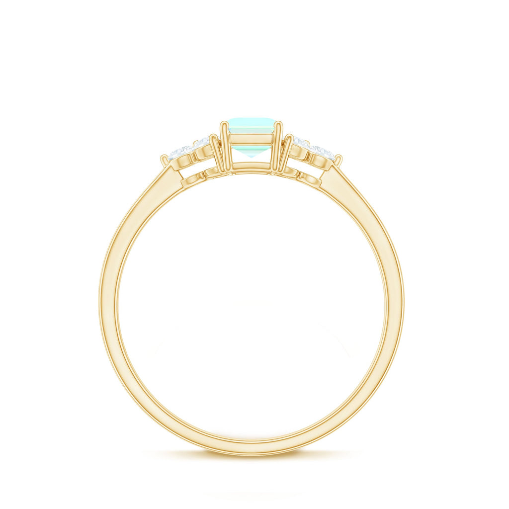Certified Real Ethiopian Rainbow Opal Emerald Cut Engagement Ring with Diamond Trio