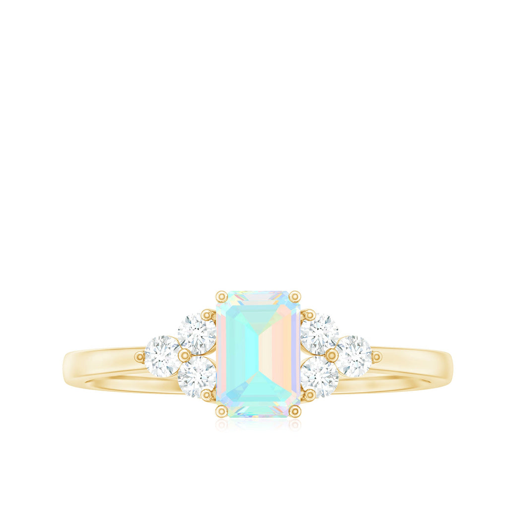 Certified Real Ethiopian Rainbow Opal Emerald Cut Engagement Ring with Diamond Trio