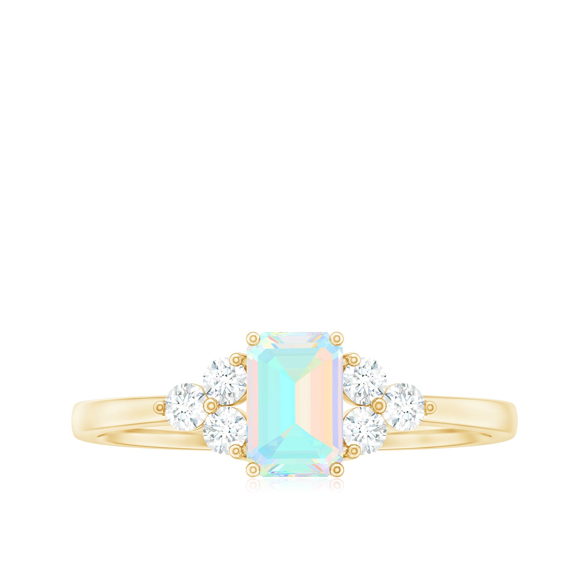 Certified Real Ethiopian Rainbow Opal Emerald Cut Engagement Ring with Diamond Trio