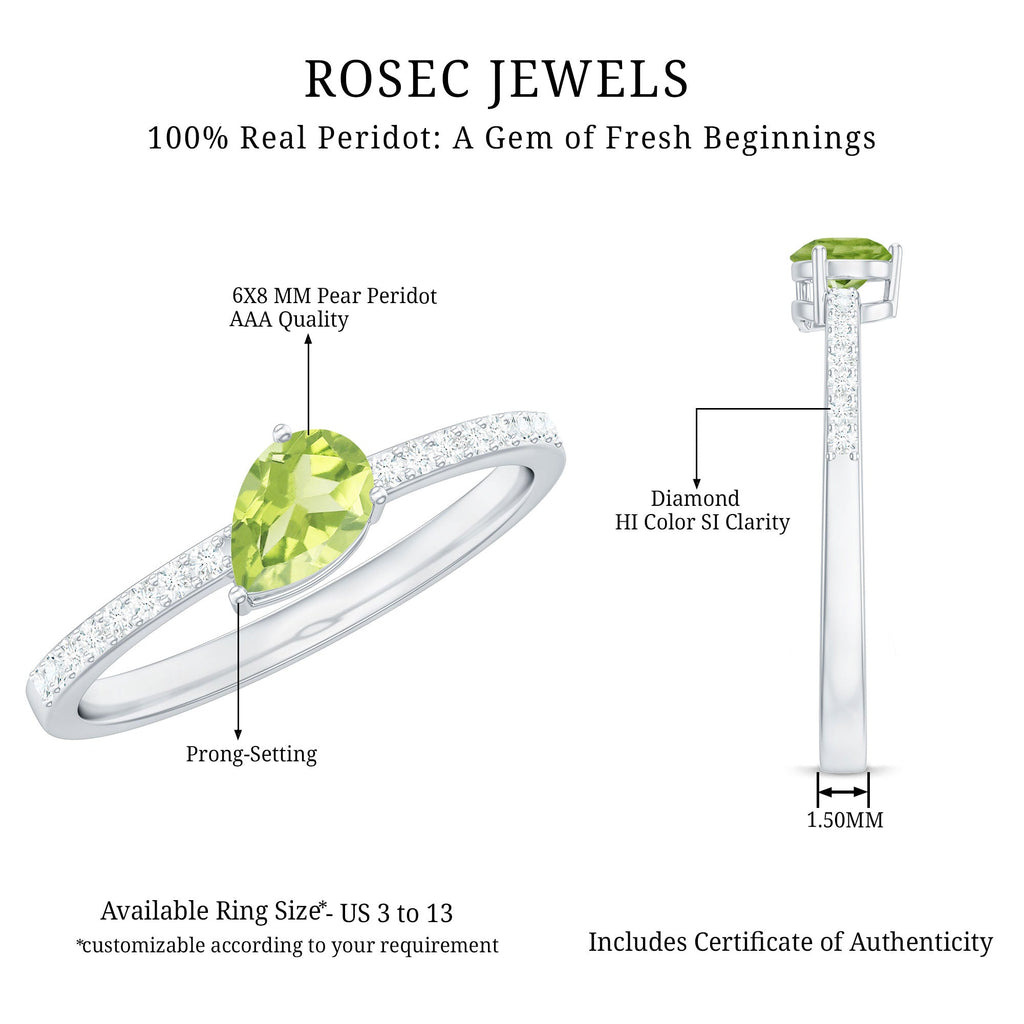 Natural 1 Carat Pear Shape Peridot Engagement Ring with Diamond