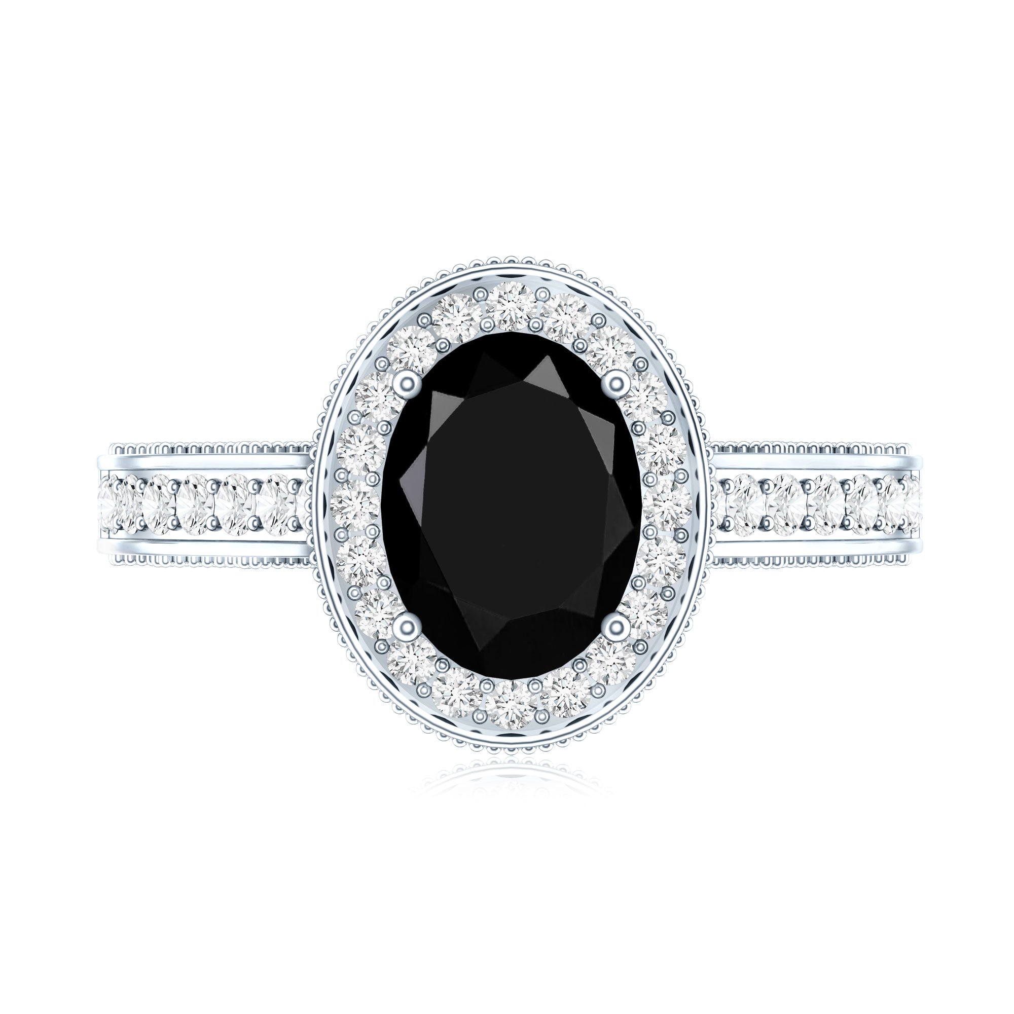Vintage Inspired Black Onyx Oval Engagement Ring with Diamond Halo