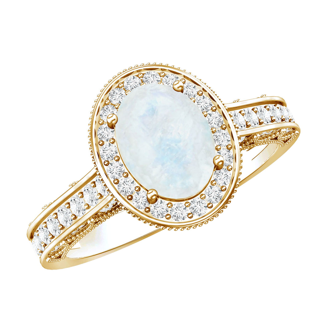 0.6 Carat Moonstone and Diamond Engagement Ring with Milgrain Details