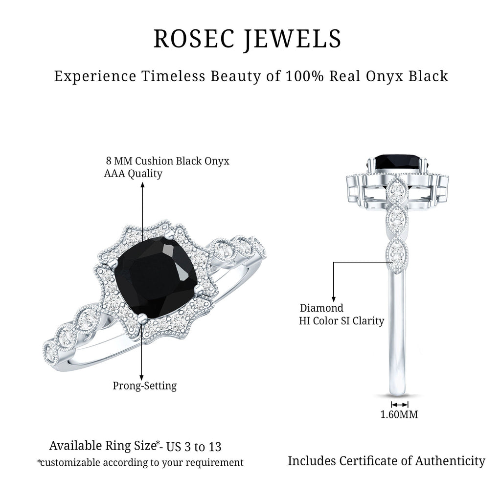 Vintage Inspired Black Onyx and Diamond Halo Engagement Ring