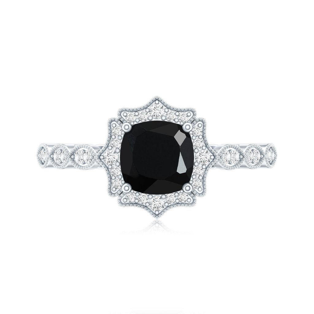 Vintage Inspired Black Onyx and Diamond Halo Engagement Ring