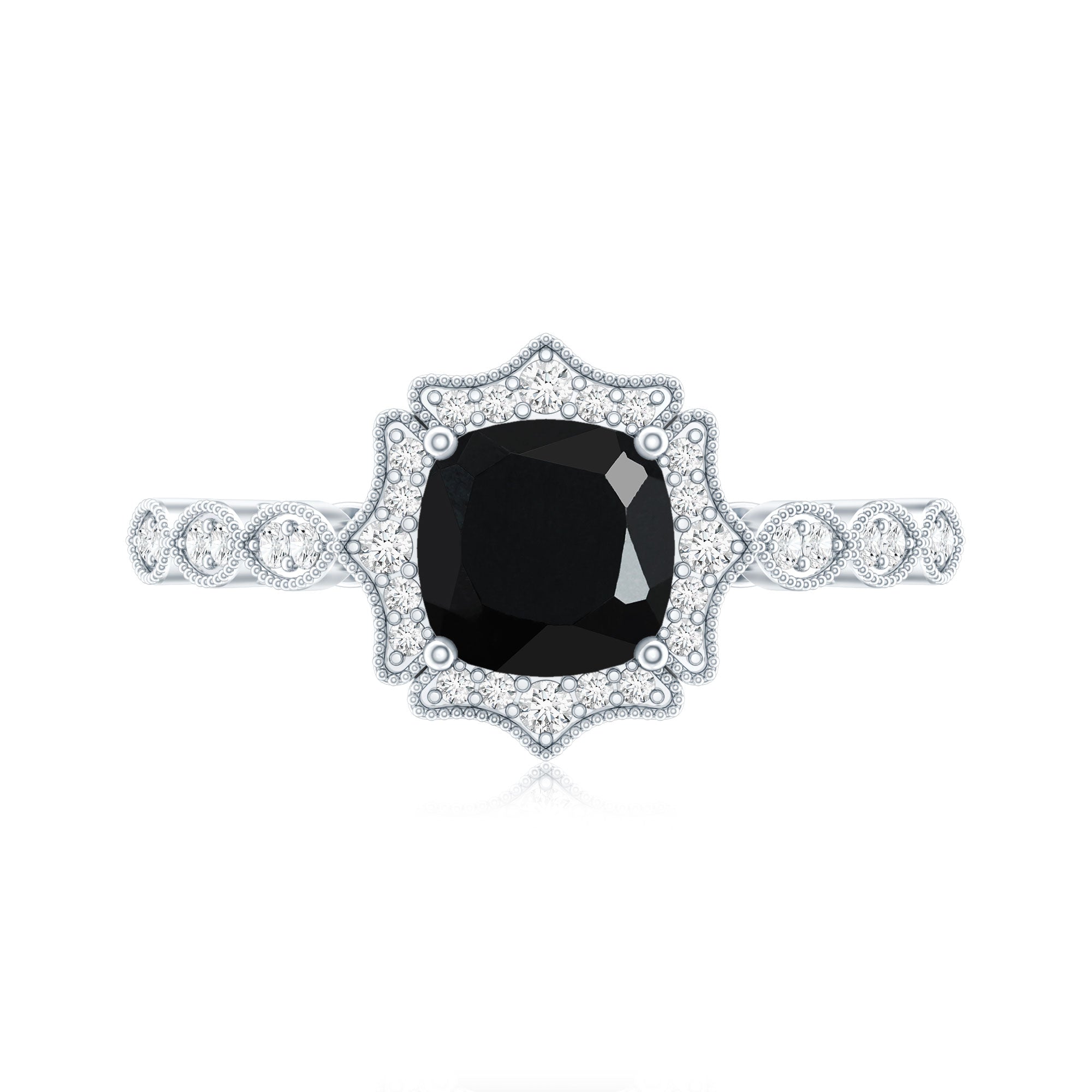 Vintage Inspired Black Onyx and Diamond Halo Engagement Ring