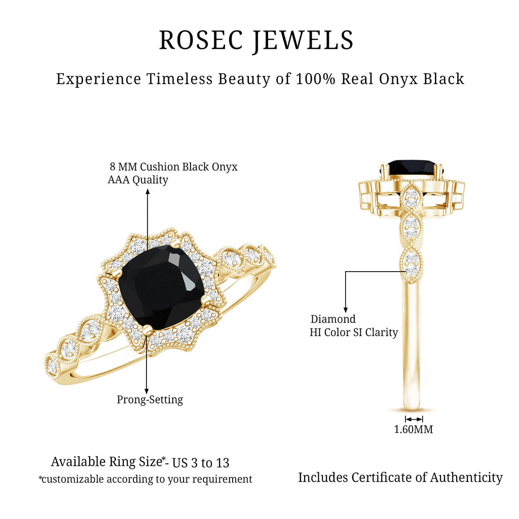 Vintage Inspired Black Onyx and Diamond Halo Engagement Ring