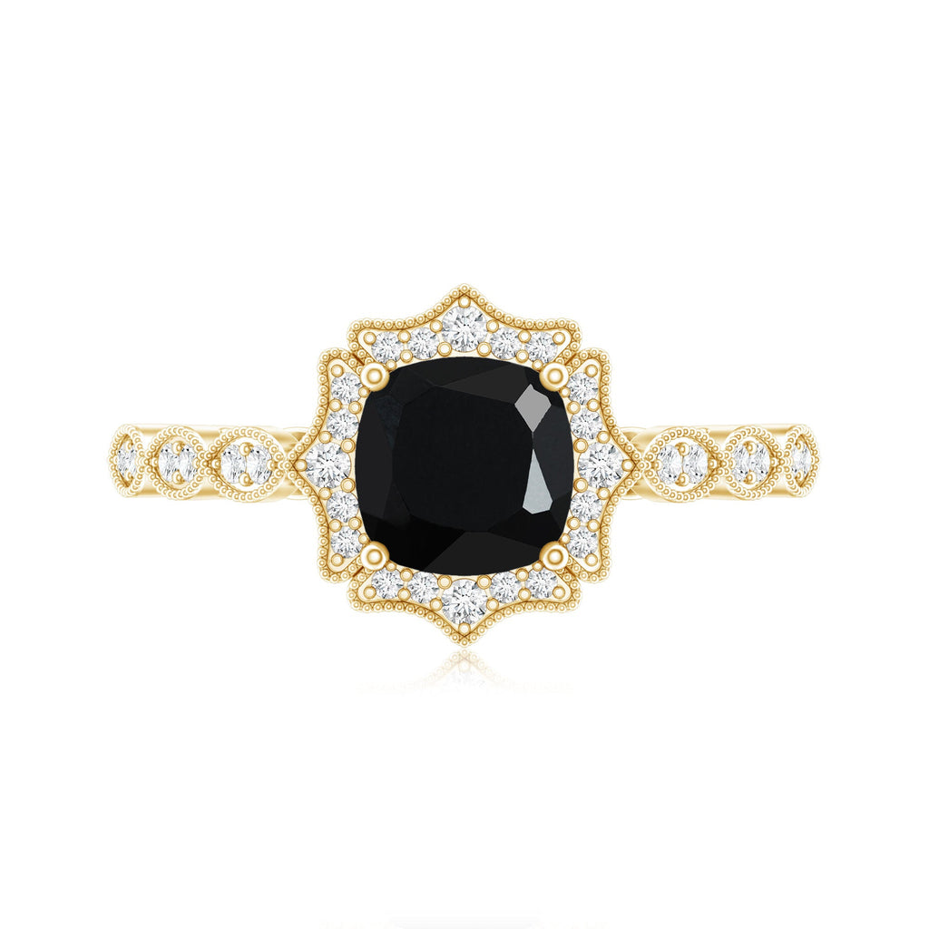 Vintage Inspired Black Onyx and Diamond Halo Engagement Ring