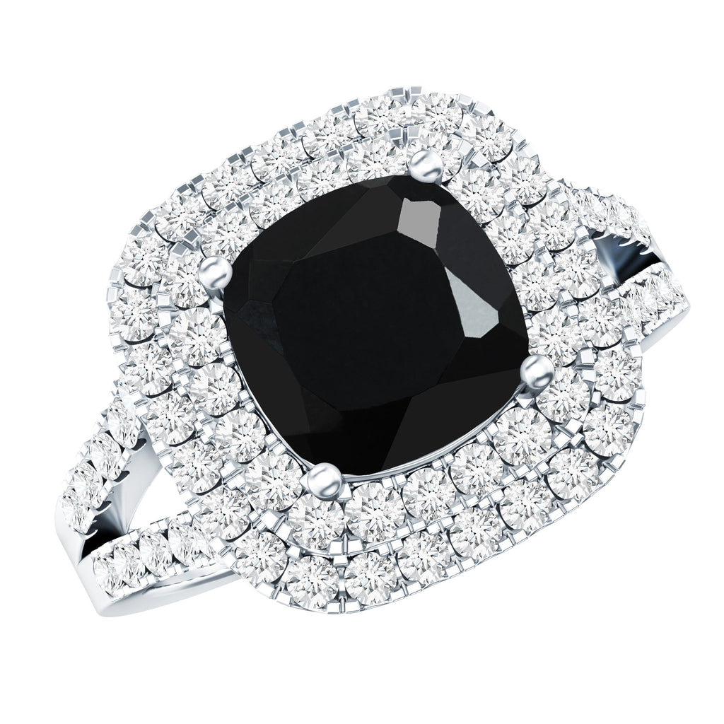 Vintage Style Cushion Cut Black Onyx and Diamond Double Halo Engagement Ring
