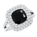 Vintage Style Cushion Cut Black Onyx and Diamond Double Halo Engagement Ring
