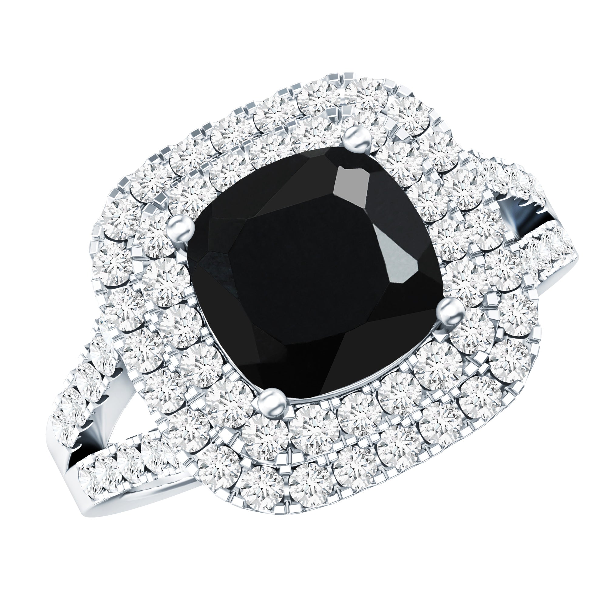Vintage Style Cushion Cut Black Onyx and Diamond Double Halo Engagement Ring
