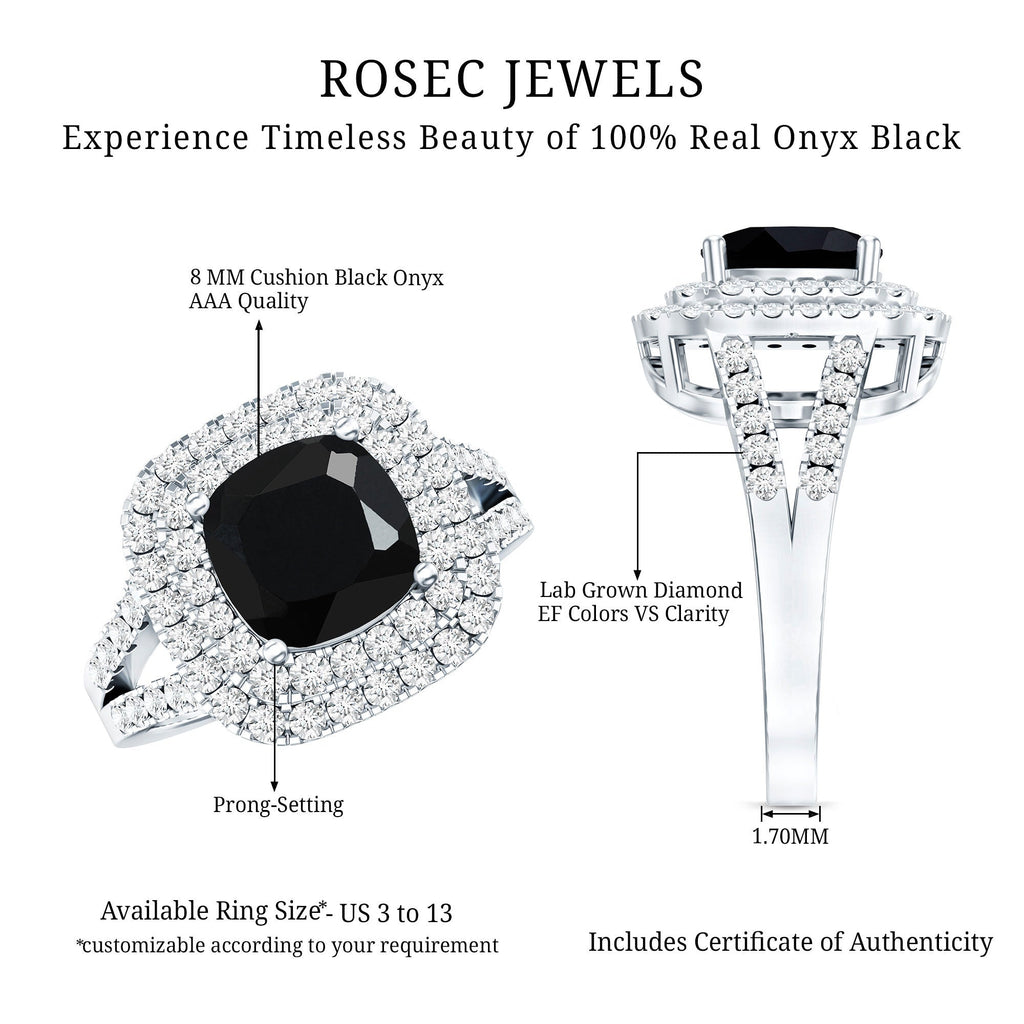 Vintage Style Cushion Cut Black Onyx and Diamond Double Halo Engagement Ring