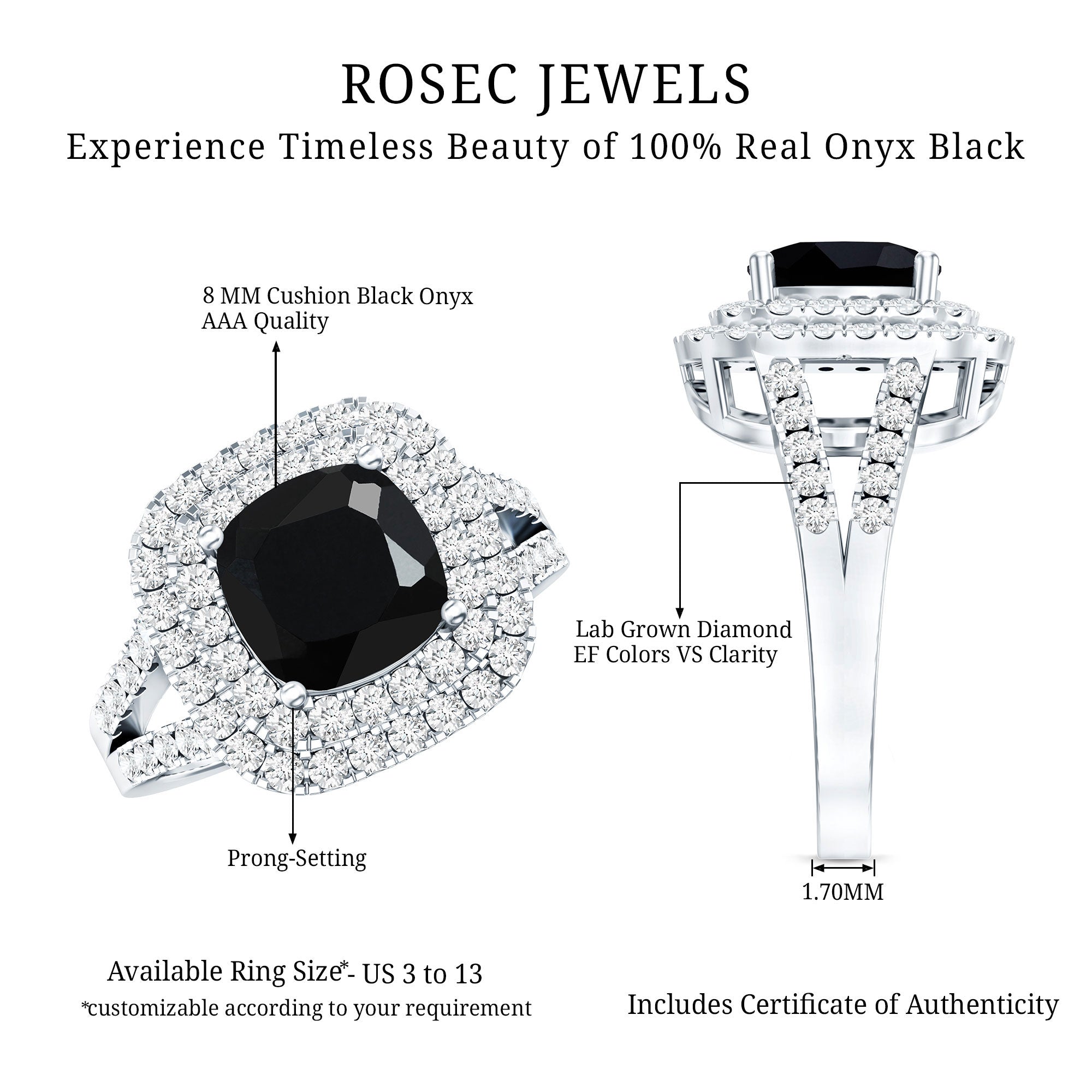 Vintage Style Cushion Cut Black Onyx and Diamond Double Halo Engagement Ring