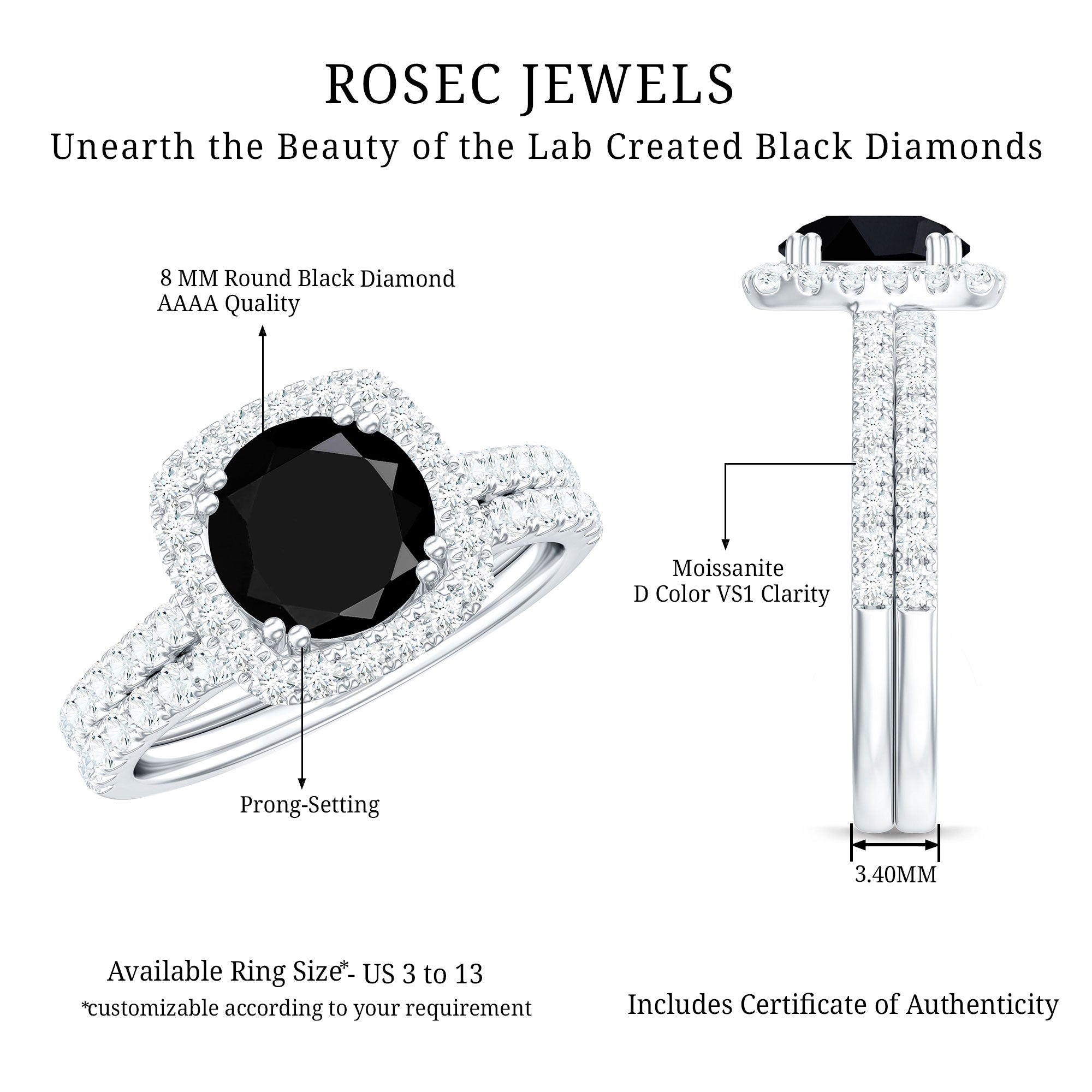 Certified 2 Carat Lab Grown Black Diamond Halo Engagement Ring with Wedding Band