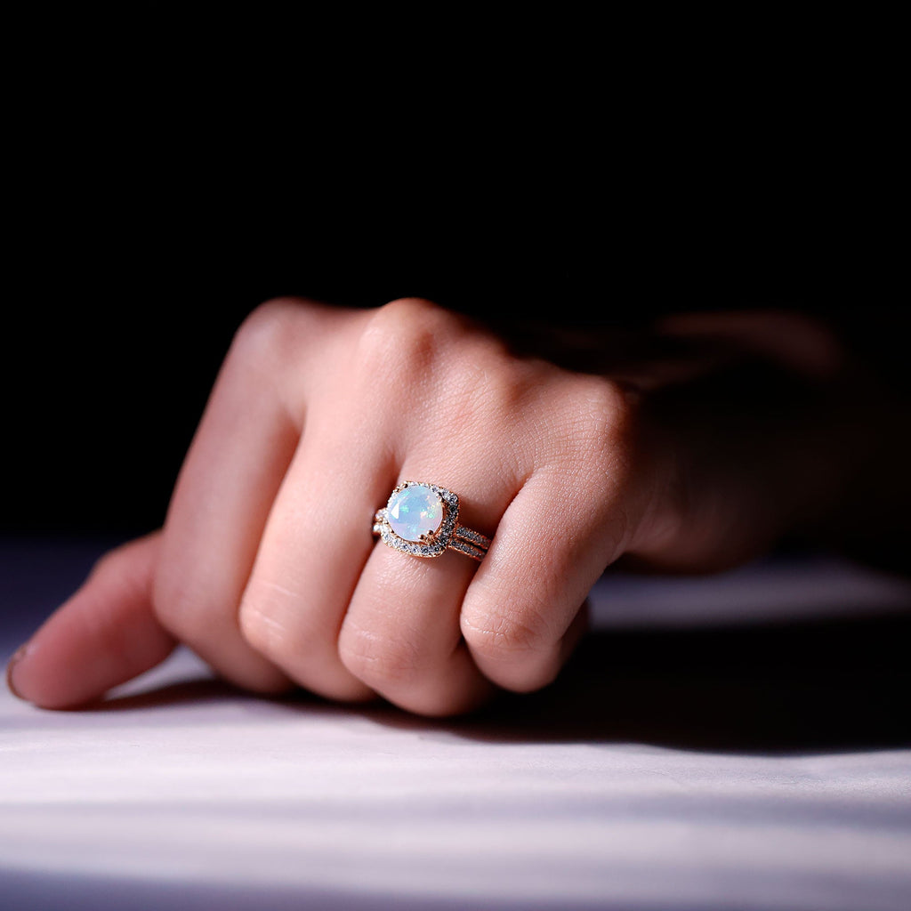 Real Ethiopian Opal Engagement Ring with Moissanite Wedding Band
