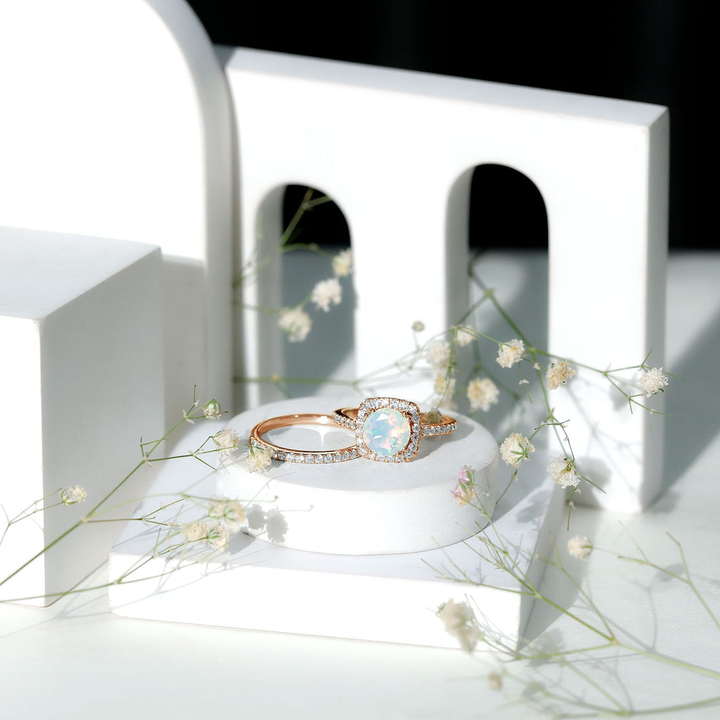 Real Ethiopian Opal Engagement Ring with Moissanite Wedding Band
