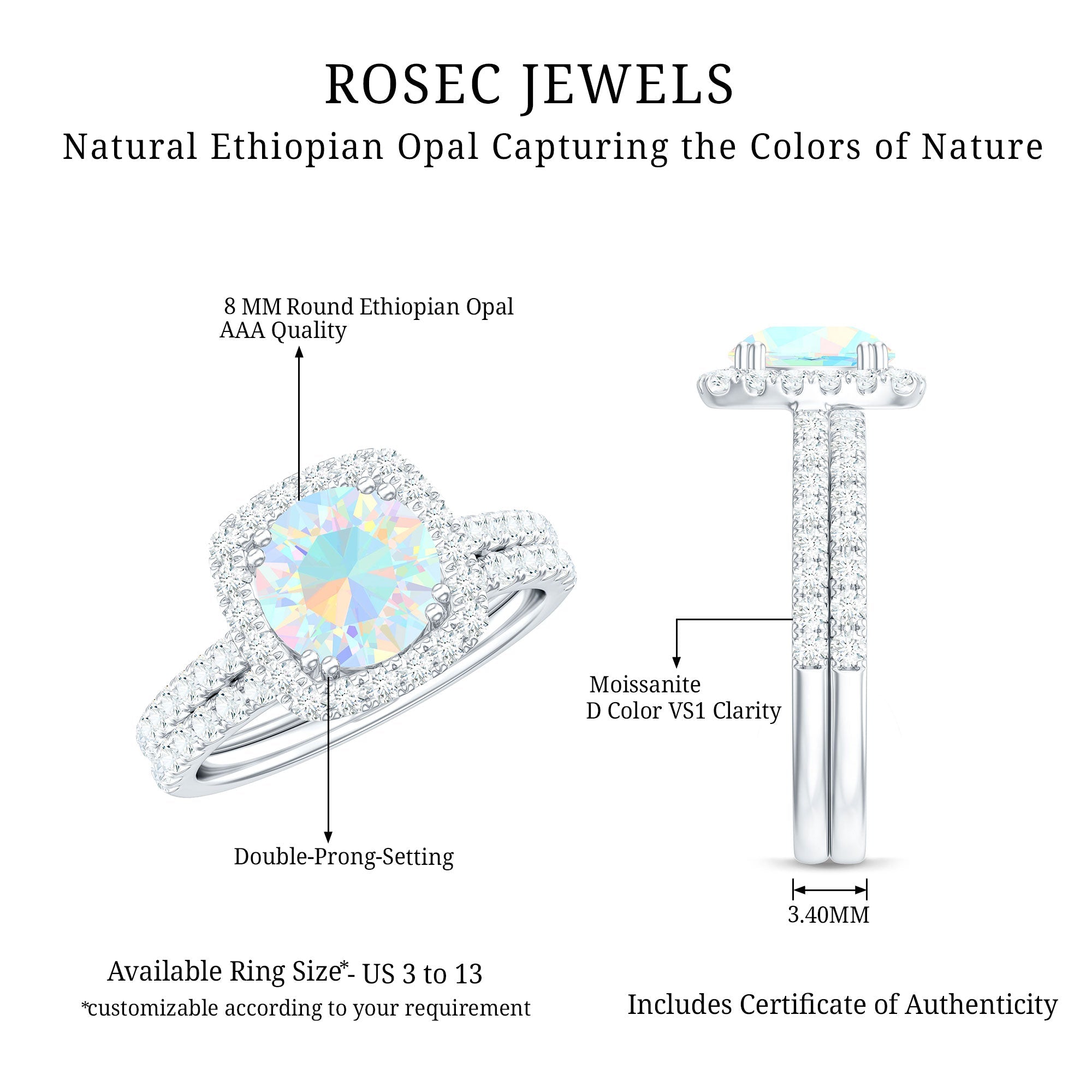 Real Ethiopian Opal Engagement Ring with Moissanite Wedding Band