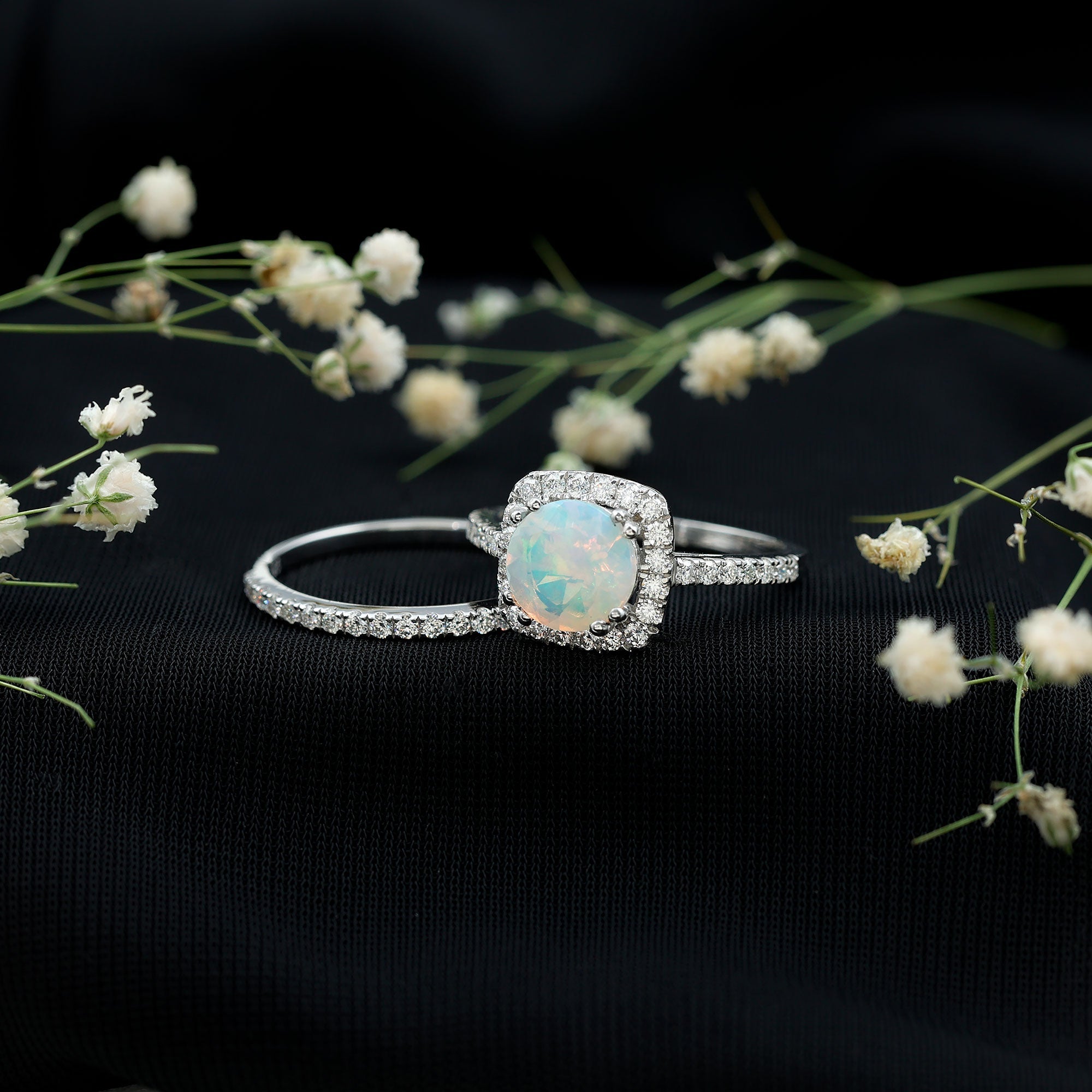 Real Ethiopian Opal Engagement Ring with Moissanite Wedding Band