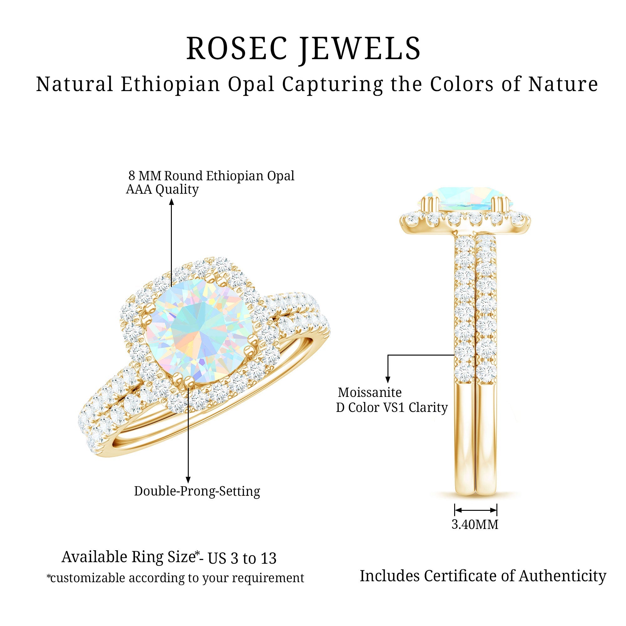 Real Ethiopian Opal Engagement Ring with Moissanite Wedding Band