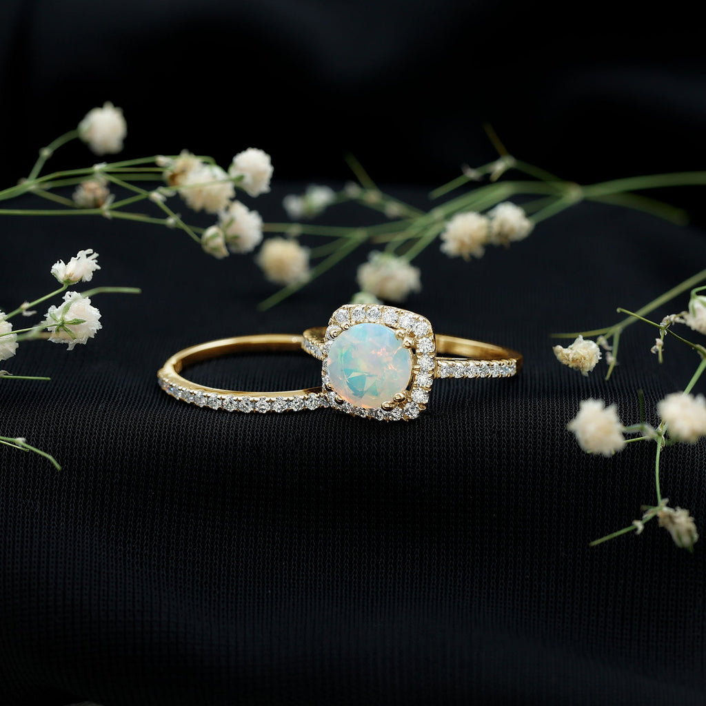 Real Ethiopian Opal Engagement Ring with Moissanite Wedding Band