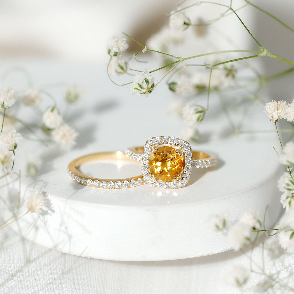 1.2 Carat Citrine Halo Wedding Ring Set with Moissanite