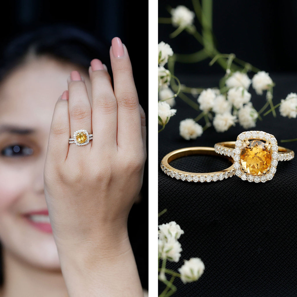 1.2 Carat Citrine Halo Wedding Ring Set with Moissanite