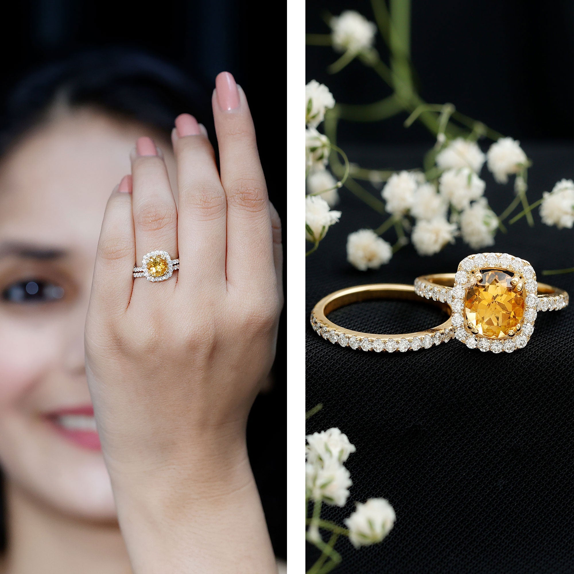 1.2 Carat Citrine Halo Wedding Ring Set with Moissanite