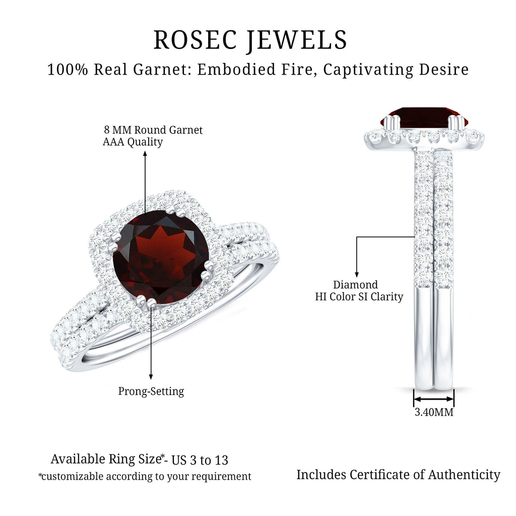 Natural Garnet Diamond Engagement Ring with Wedding Band