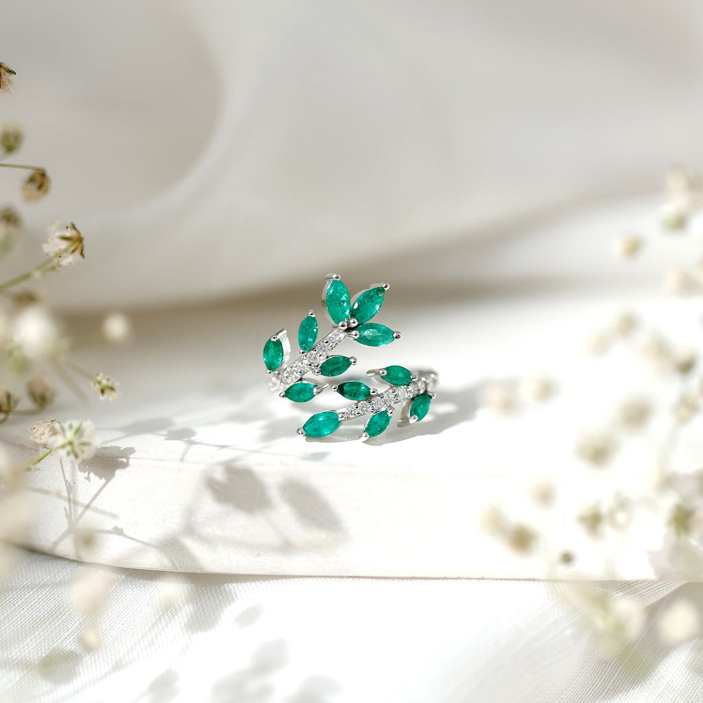 Natural Emerald and Diamond Leaf Wrap Ring