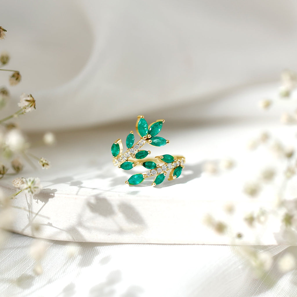 Natural Emerald and Diamond Leaf Wrap Ring
