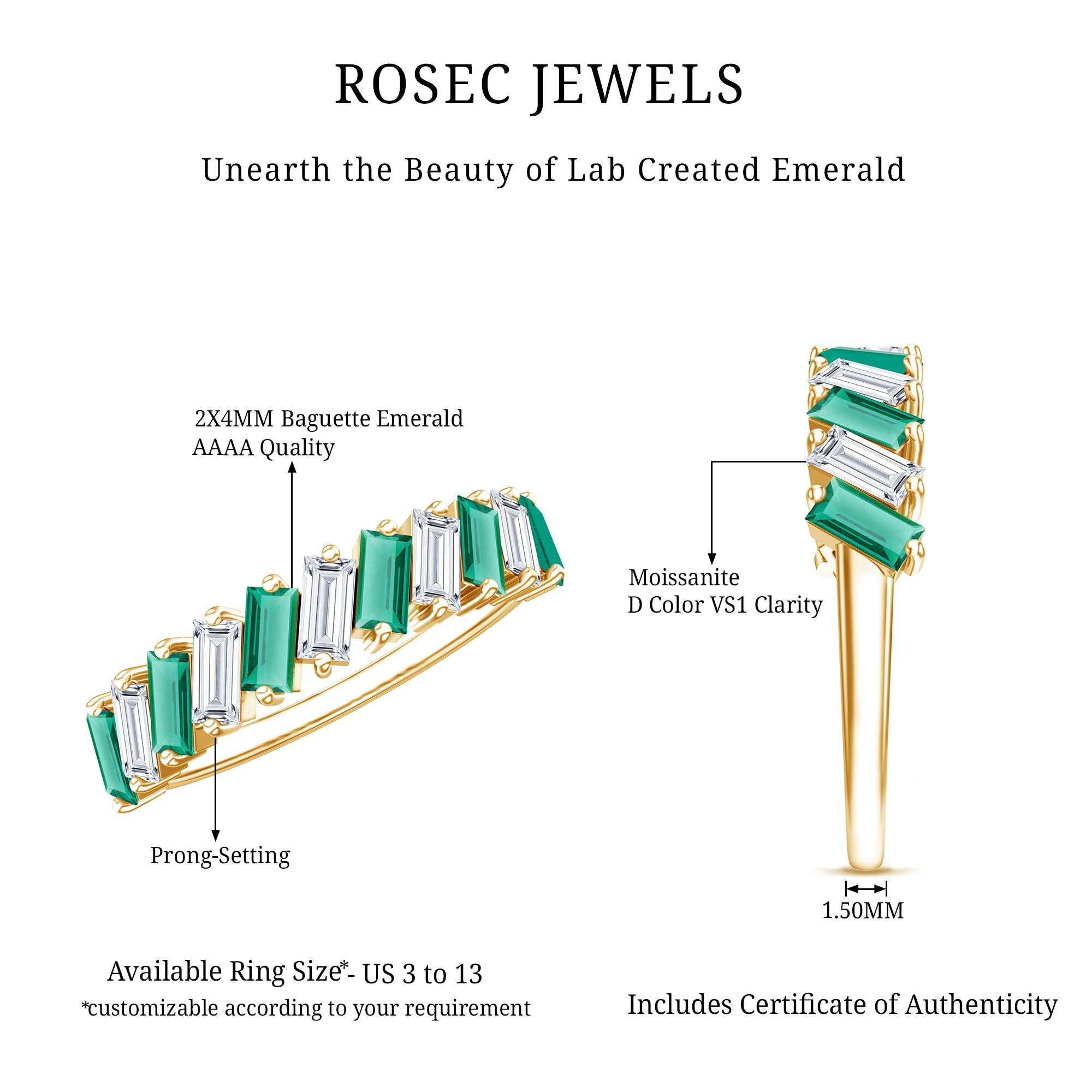 Certified Baguette Lab Grown Emerald Wedding Anniversary Band Ring