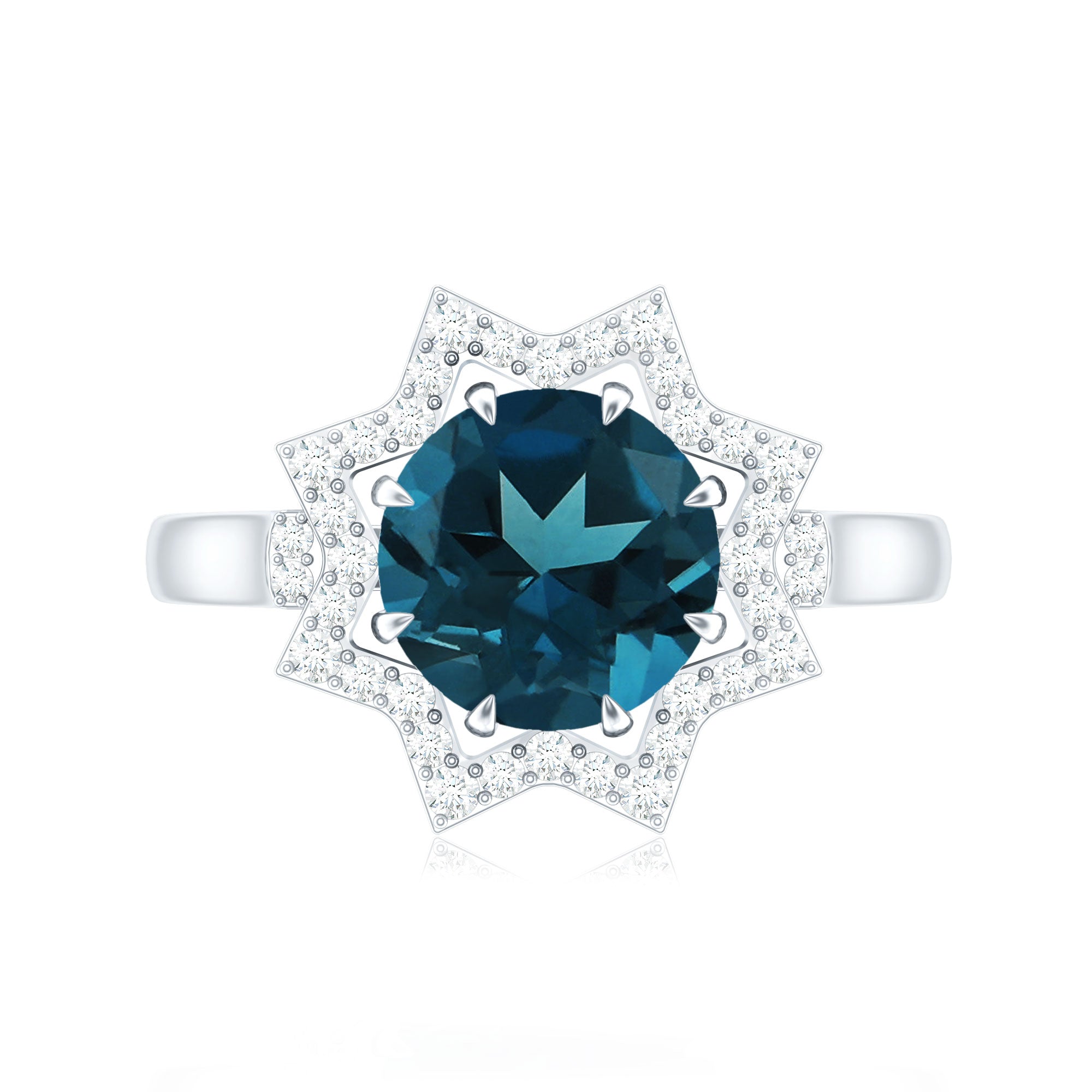 Round Cut London Blue Topaz Cocktail Halo Ring with Diamonds