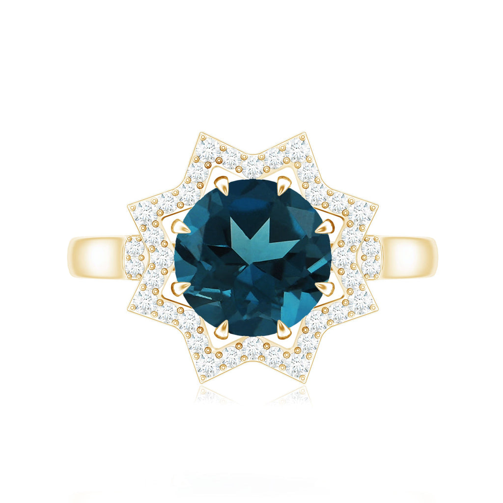 Round Cut London Blue Topaz Cocktail Halo Ring with Diamonds
