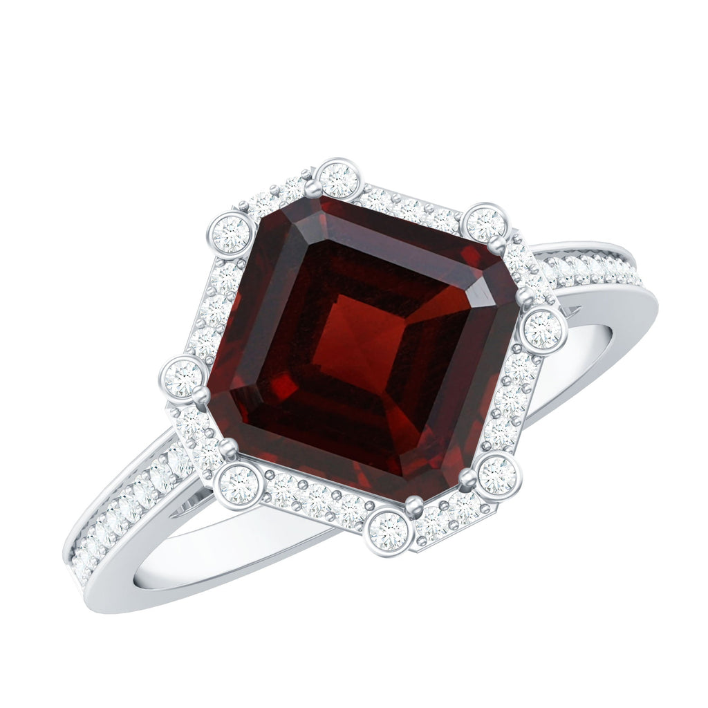 Natural 3.3 Carat Asscher Cut Garnet Engagement Ring with Diamond Halo
