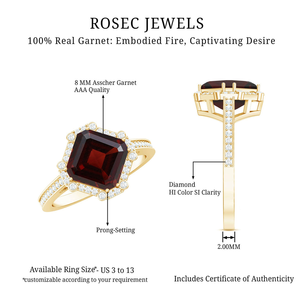 Natural 3.3 Carat Asscher Cut Garnet Engagement Ring with Diamond Halo