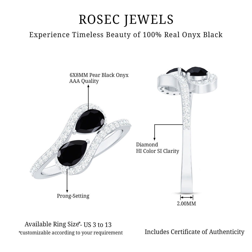 Pear Cut Black Onyx Two Stone Engagement Ring with Diamond