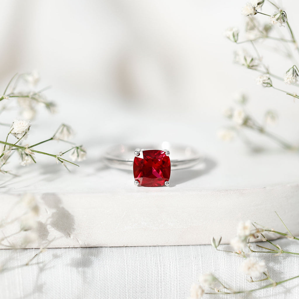 Solitaire 2 Carat Cushion Cut Lab Grown Ruby Engagement Ring
