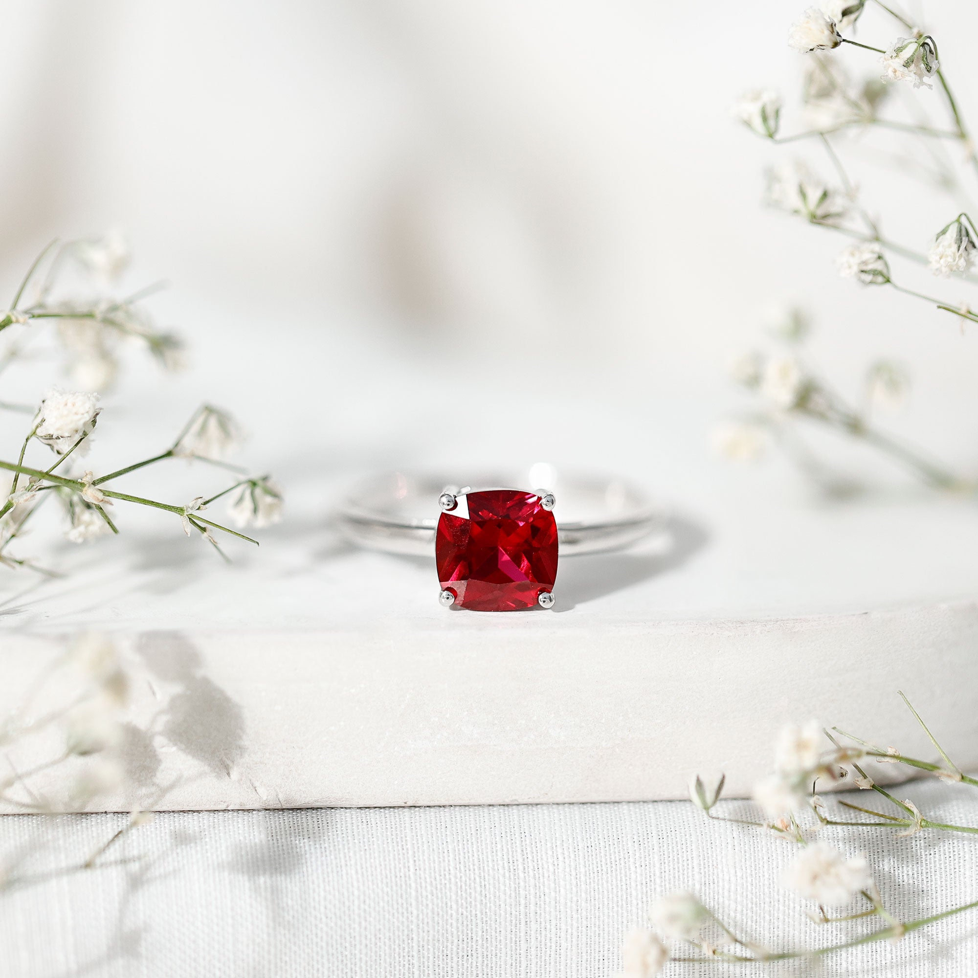 Solitaire 2 Carat Cushion Cut Lab Grown Ruby Engagement Ring