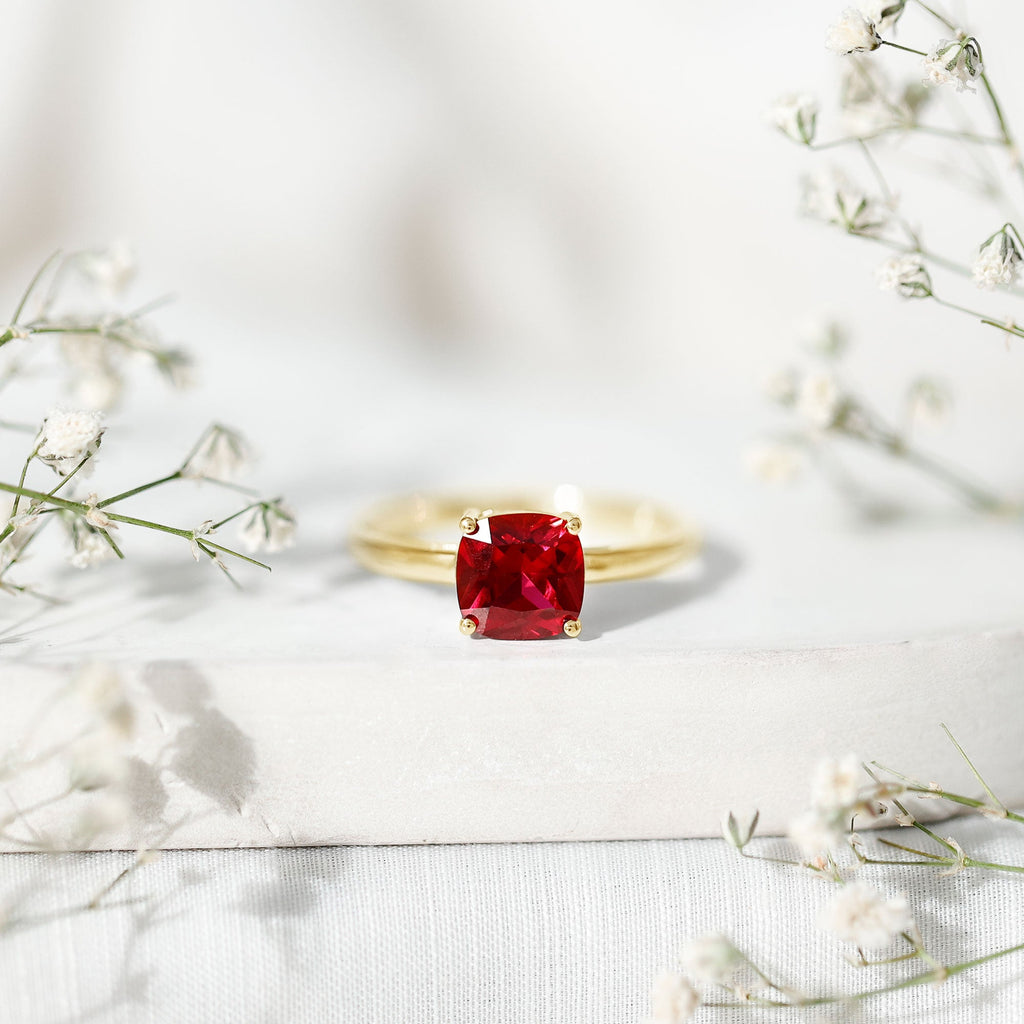 Solitaire 2 Carat Cushion Cut Lab Grown Ruby Engagement Ring
