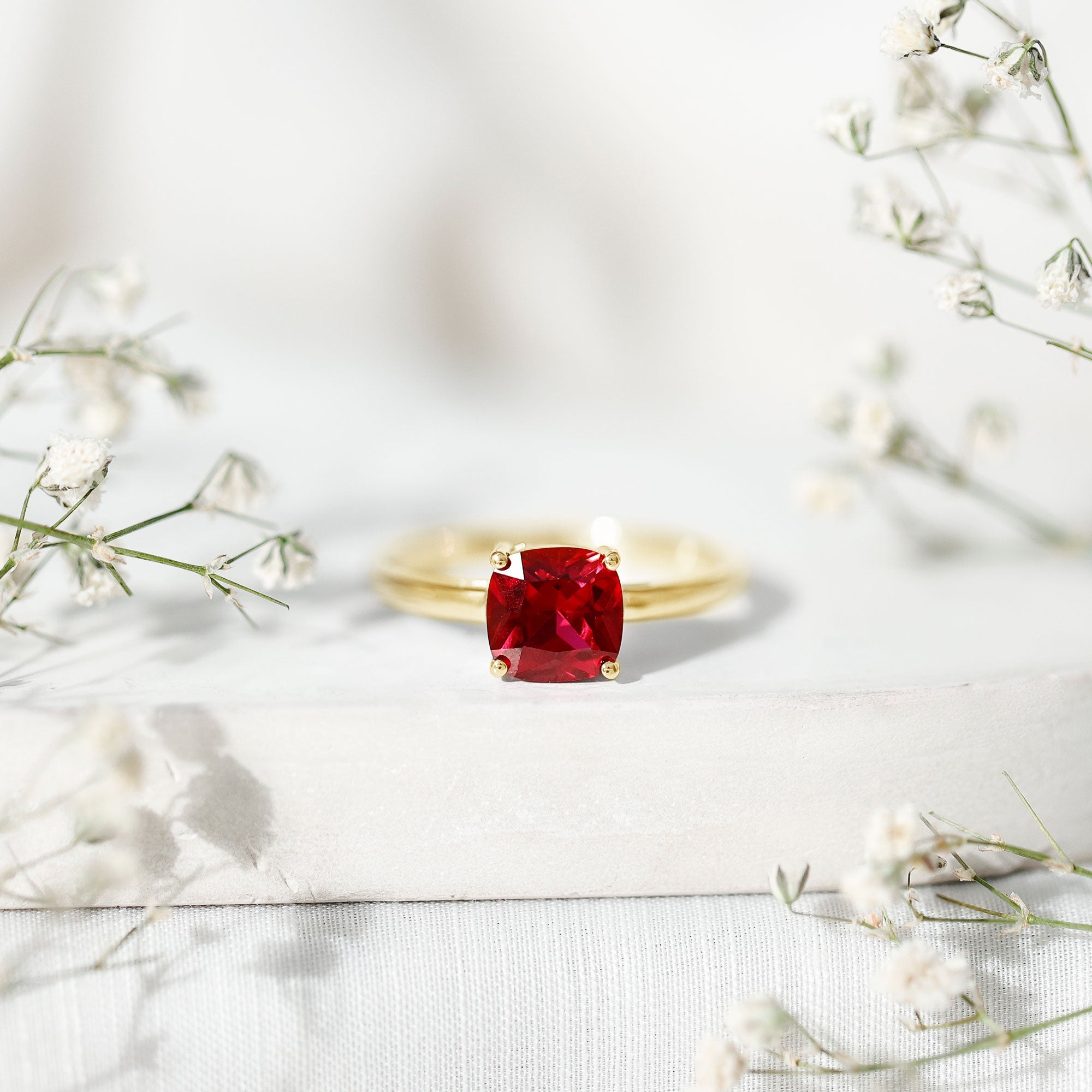 Solitaire 2 Carat Cushion Cut Lab Grown Ruby Engagement Ring