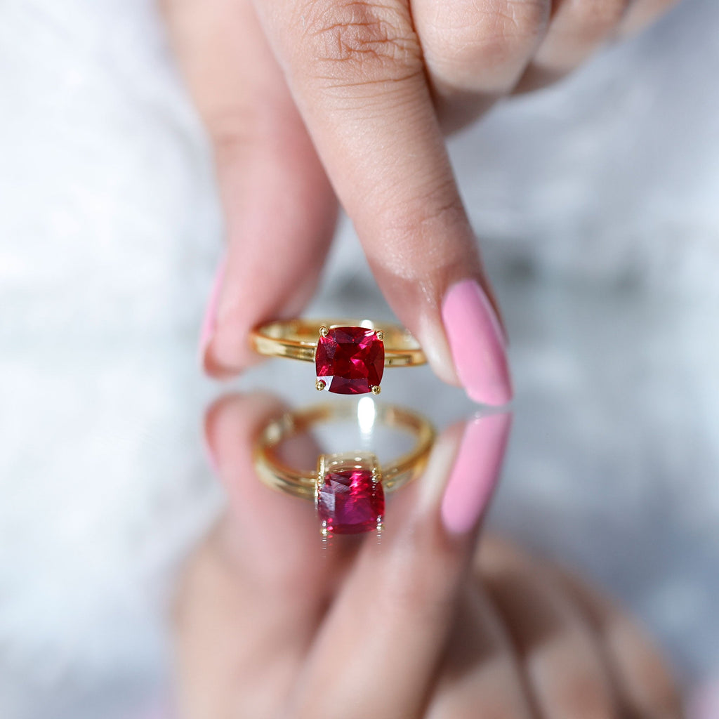 Solitaire 2 Carat Cushion Cut Lab Grown Ruby Engagement Ring