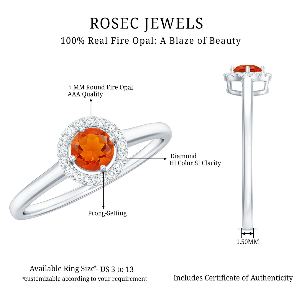 Natural Fire Opal Promise Ring with Diamond Halo