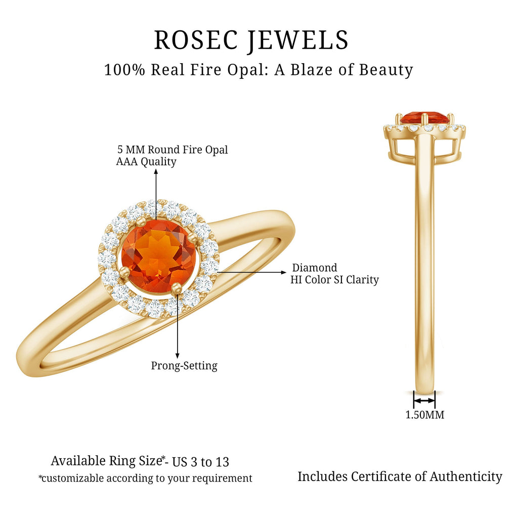 Natural Fire Opal Promise Ring with Diamond Halo