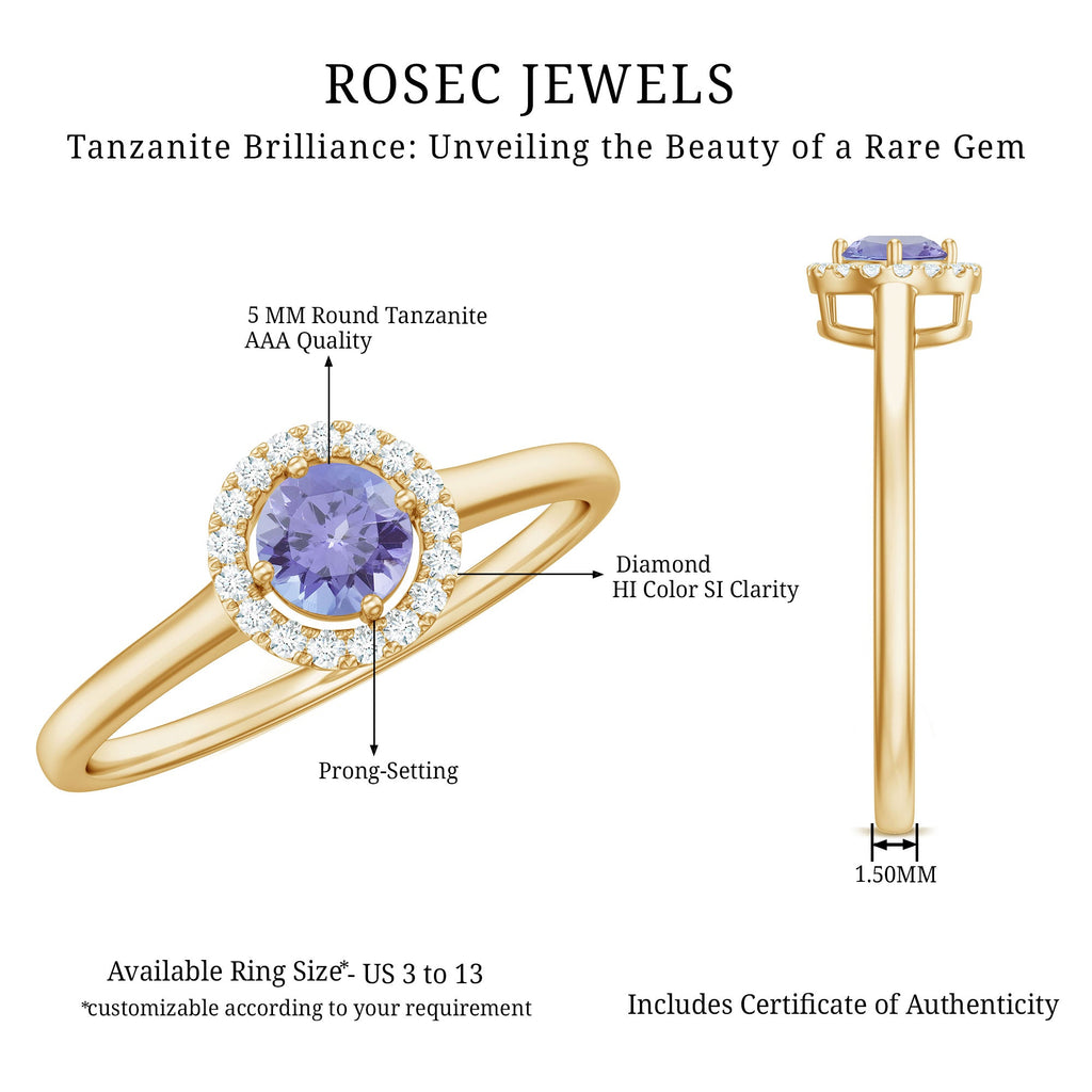 Genuine Tanzanite Promise Ring with Diamond Halo