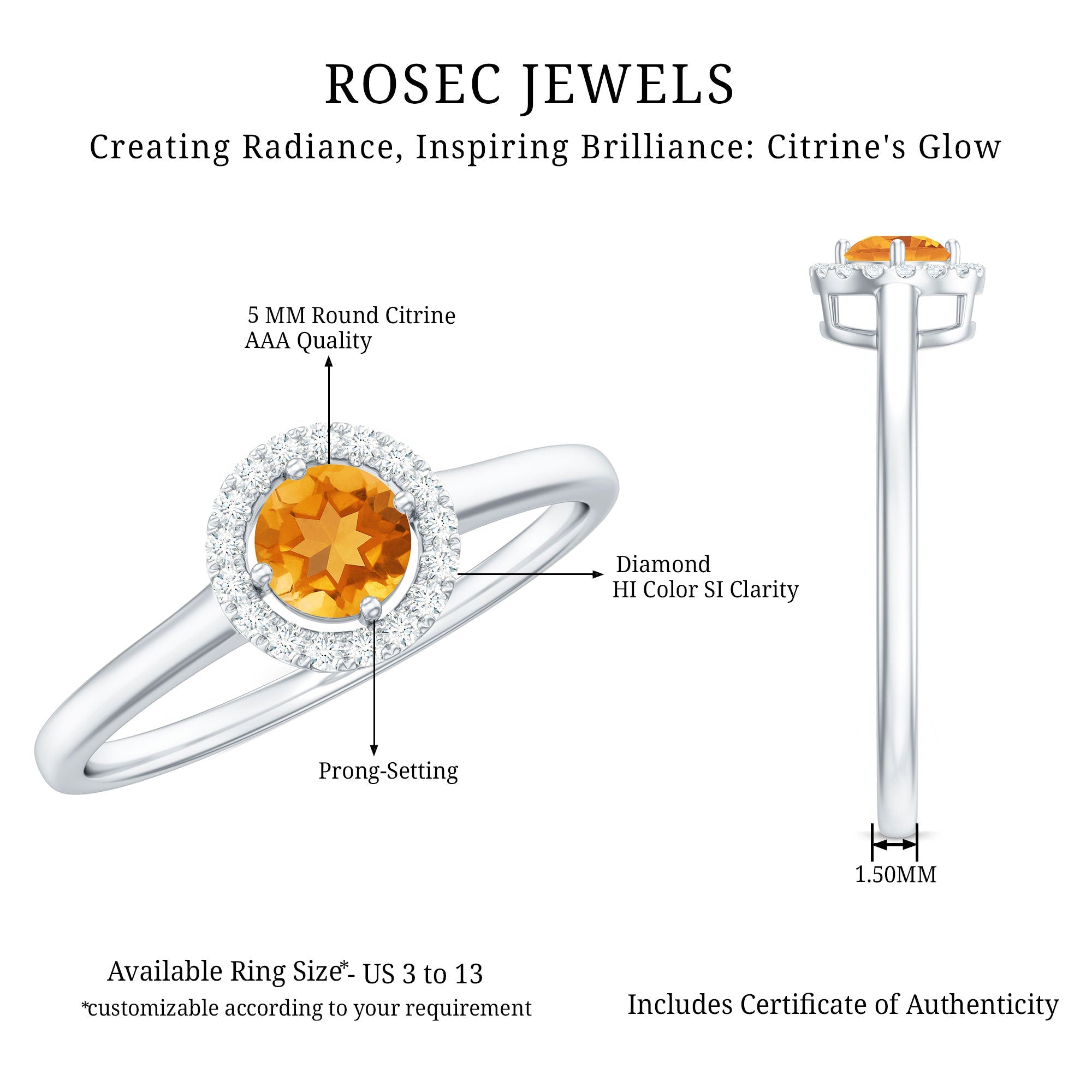 Certified Natural Citrine Promise Ring with Diamond Halo
